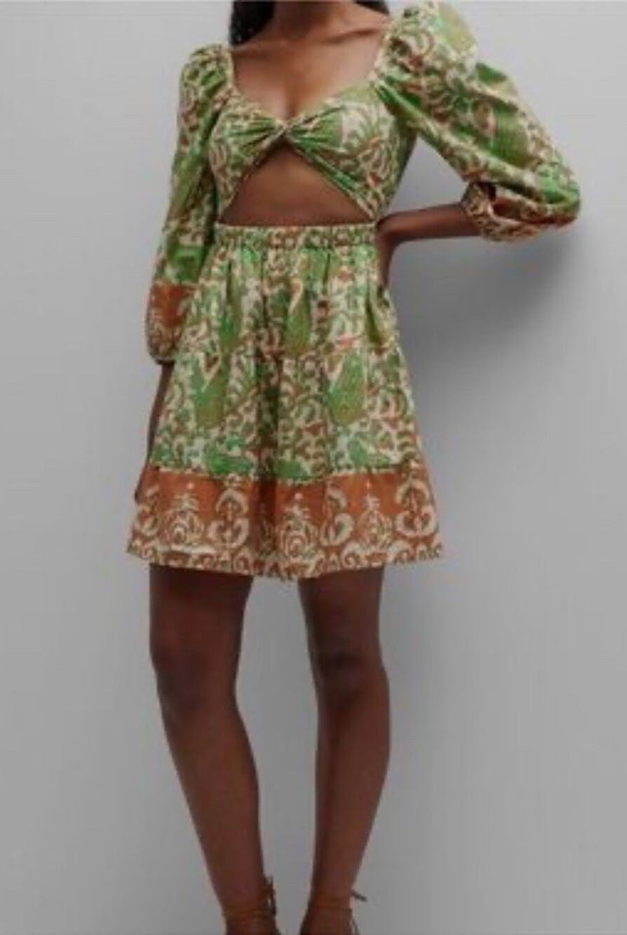 Love The Label Anthropologie Cotton Cutout Paisley Mini Dress Green XS